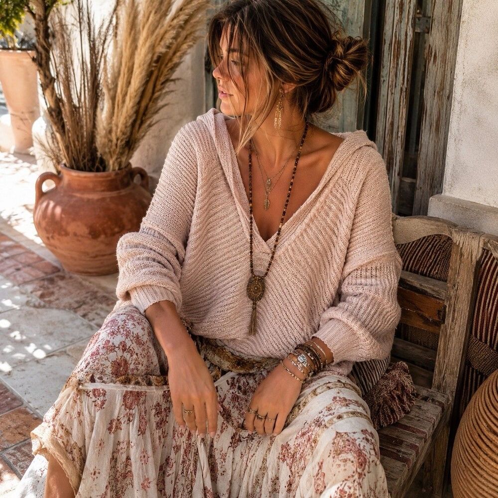 FREE PEOPLE Marlie Slouchy Knit Sweater Dusty Pink V Neck Sweater Size L Boho